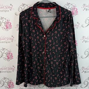 Jaclyn Intimates long sleeve Christmas theme Black Pajama Top with Red Hearts
